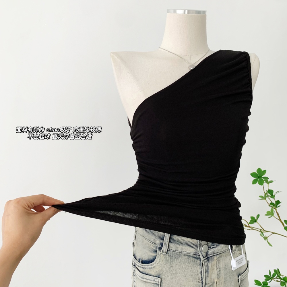 Black slim T-shirt fold shoulder tops for women