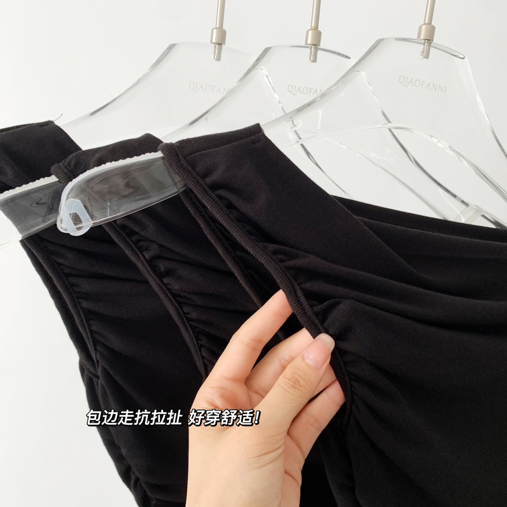 Black slim T-shirt fold shoulder tops for women