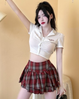College style retro tops plaid campus skirt 2pcs set for women