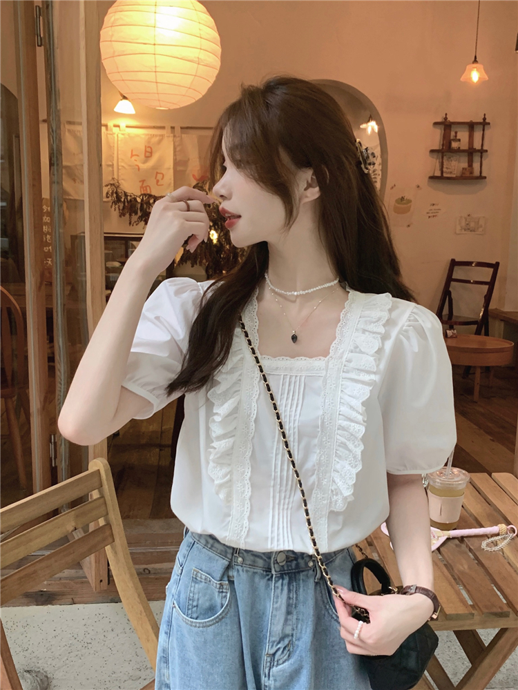 White lace tender tops square collar loose shirt