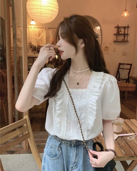 White lace tender tops square collar loose shirt