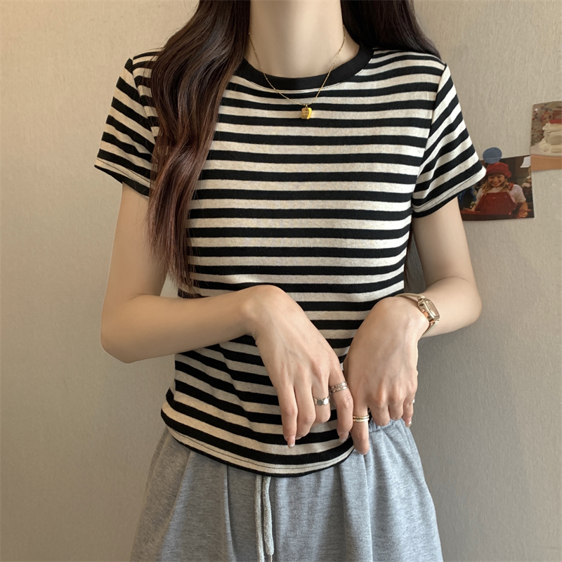 Stripe summer tops short retro T-shirt for women