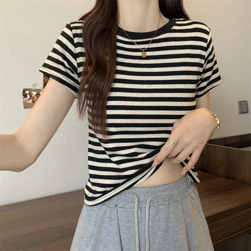 Stripe summer tops short retro T-shirt for women