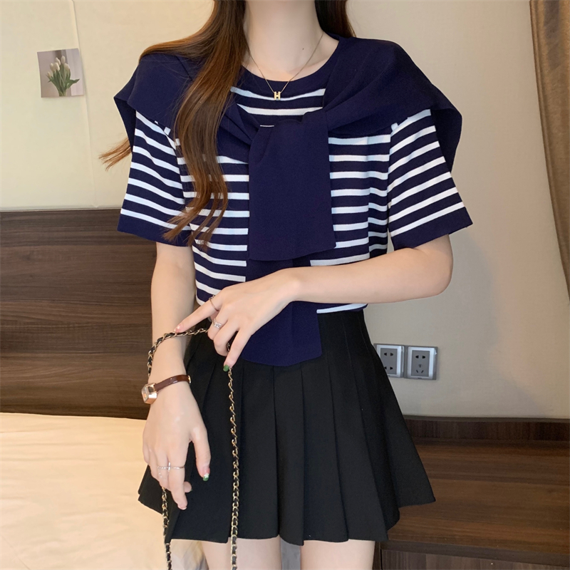 Knitted Casual T-shirt Pseudo-two fashion tops for women