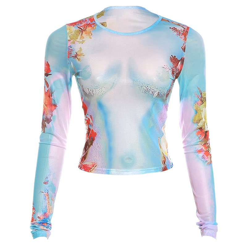 Long sleeve printing Casual sports round neck tops for women