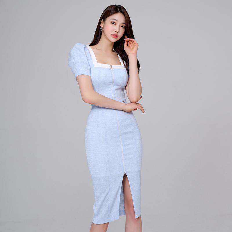 Package hip split zip fashion Korean style mixed colors dress