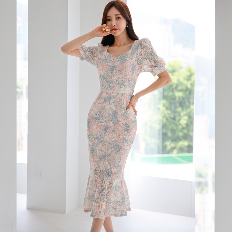 Long summer slim package hip printing Korean style dress