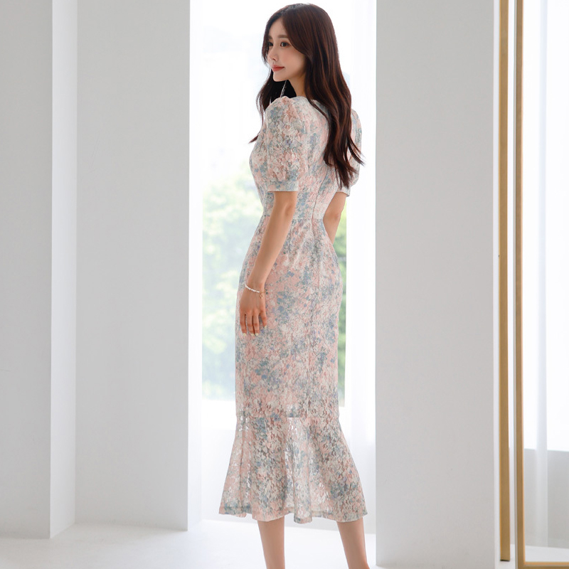 Long summer slim package hip printing Korean style dress