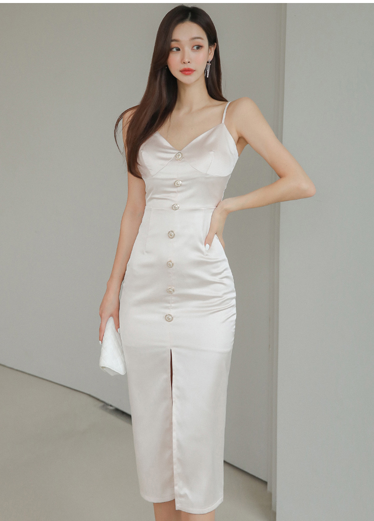 Simple slim summer sling bottoming split Korean style satin dress