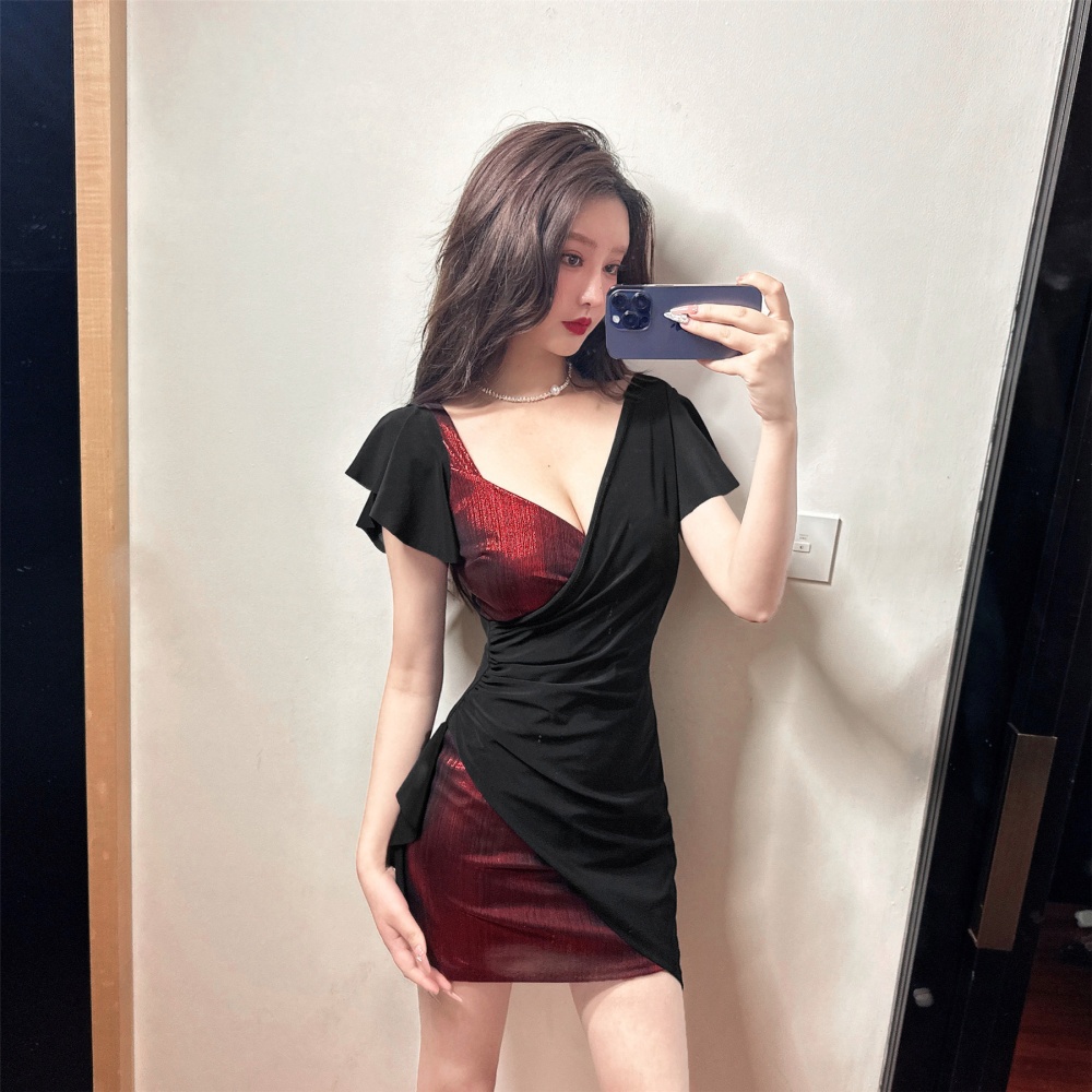 Sexy mixed colors package hip V-neck tight dress
