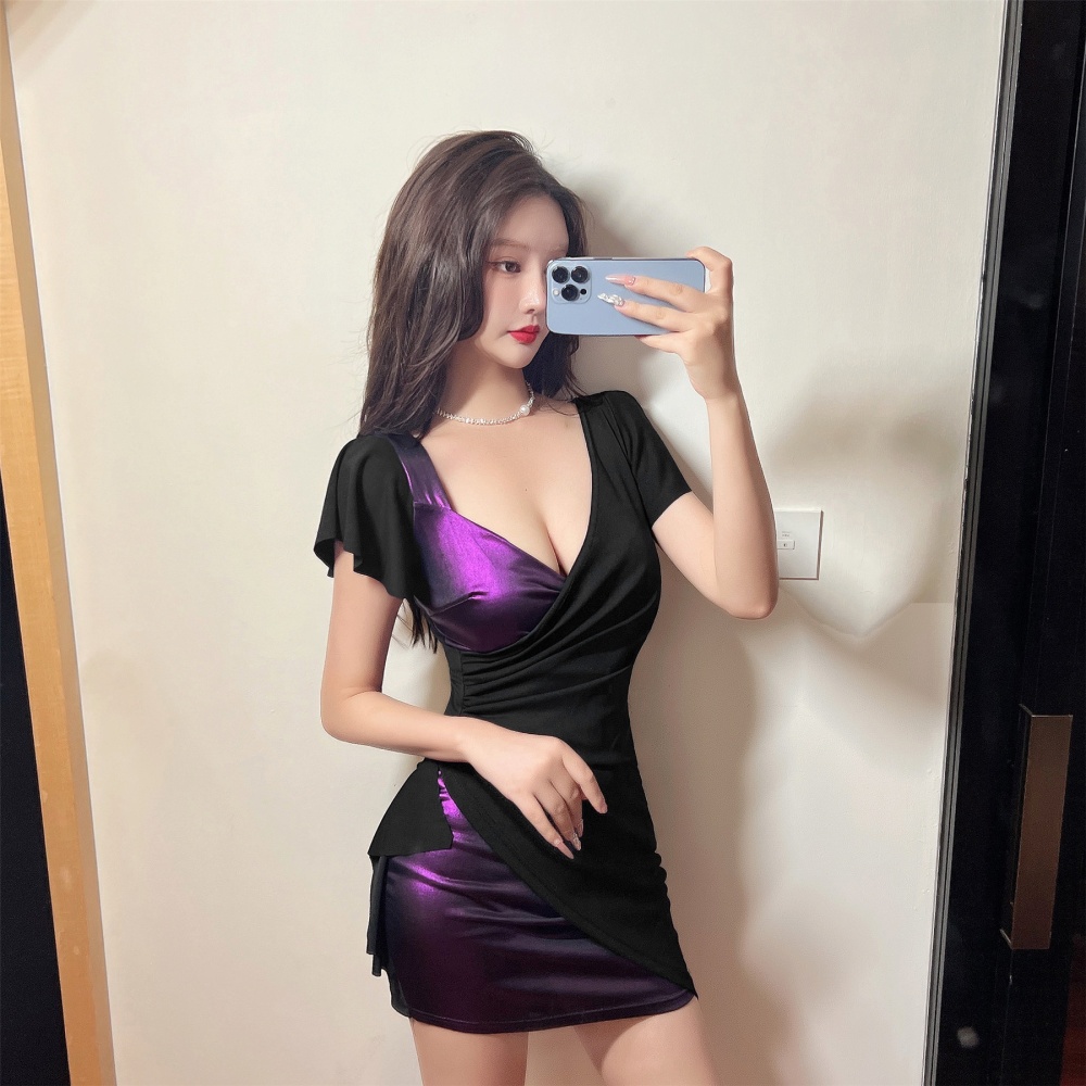 Sexy mixed colors package hip V-neck tight dress