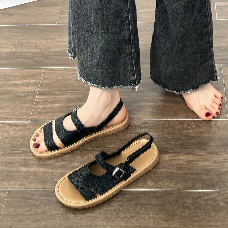 College style flat fish mouth velcro sandals for women