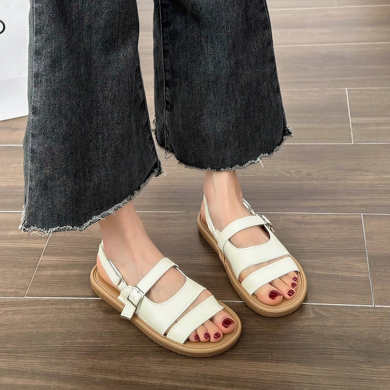 College style flat fish mouth velcro sandals for women