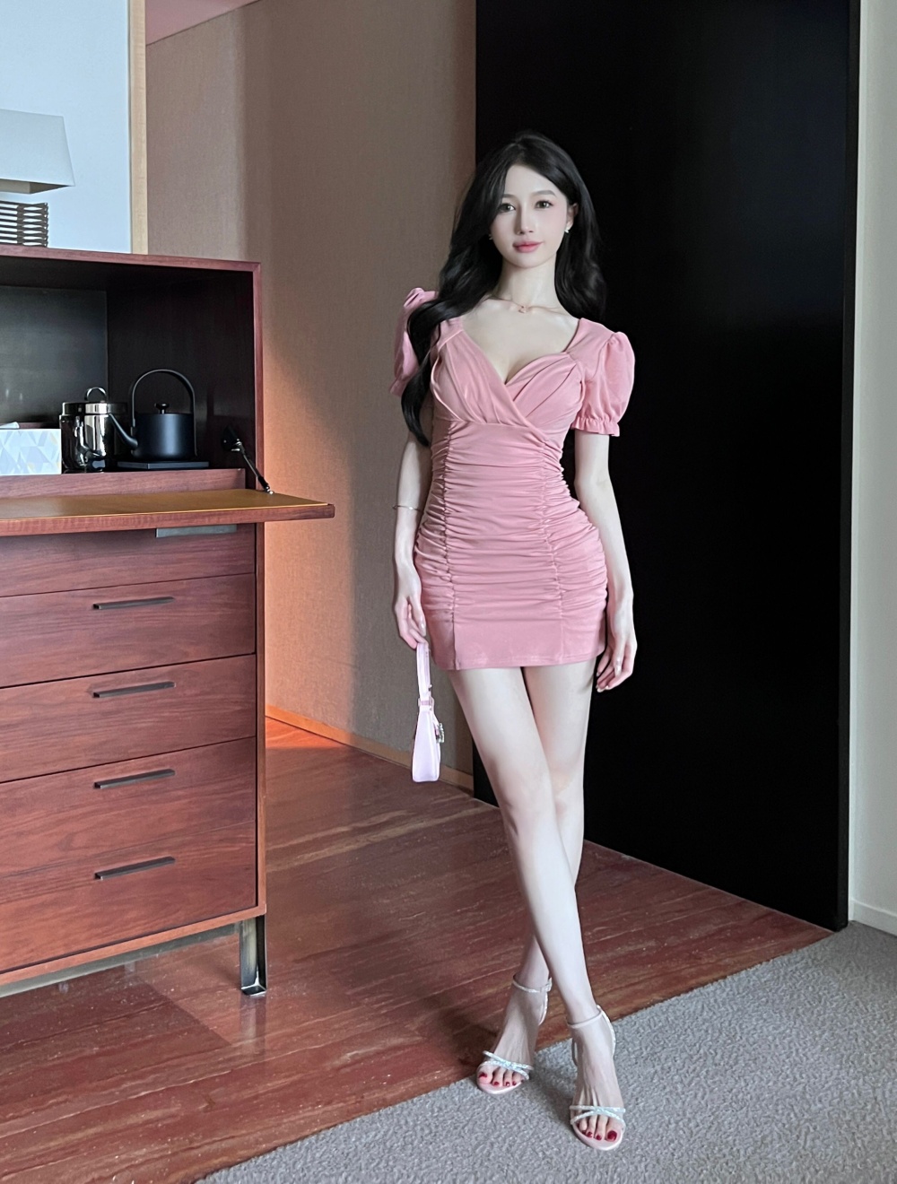 V-neck tight high elastic dress sexy package hip T-back