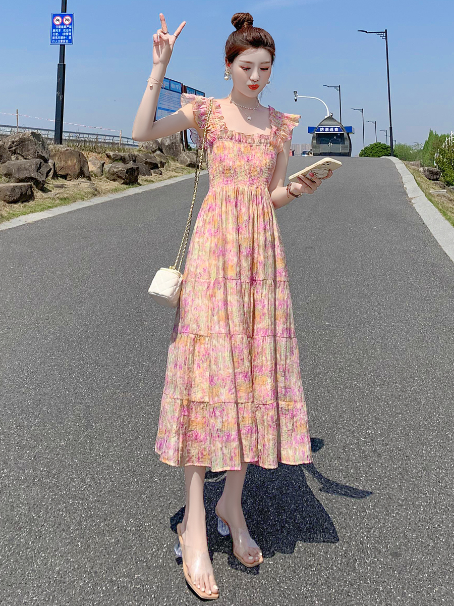 Sling sleeveless long dress vacation seaside dress for women