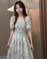 Square collar puff sleeve floral slim dress for women