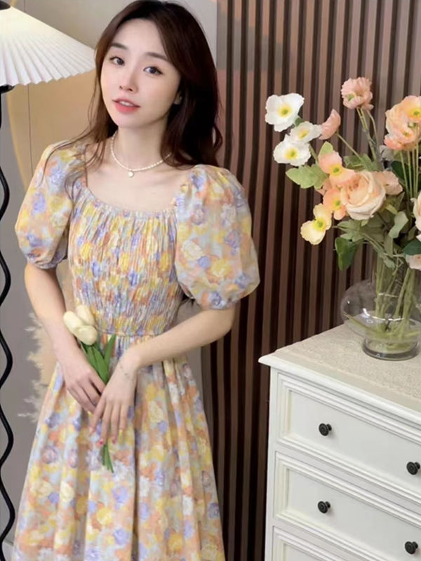 Square collar puff sleeve floral slim dress for women