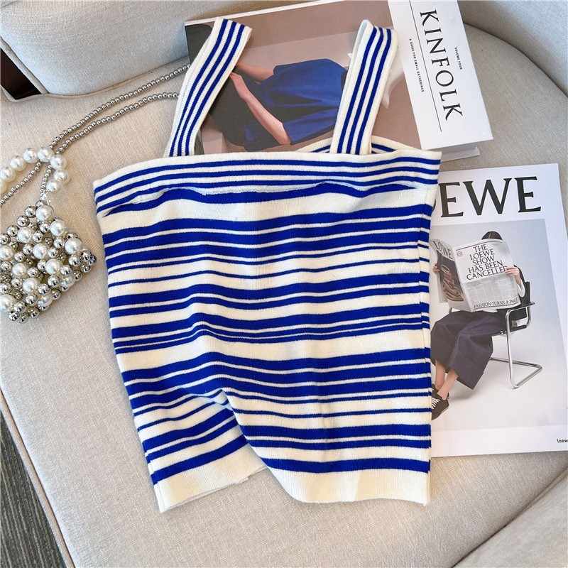 Stripe sleeveless small shirt knitted retro tops for women