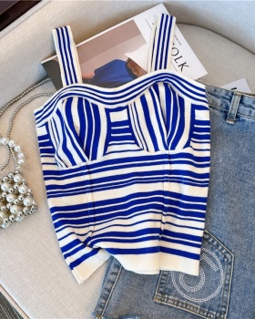 Stripe sleeveless small shirt knitted retro tops for women