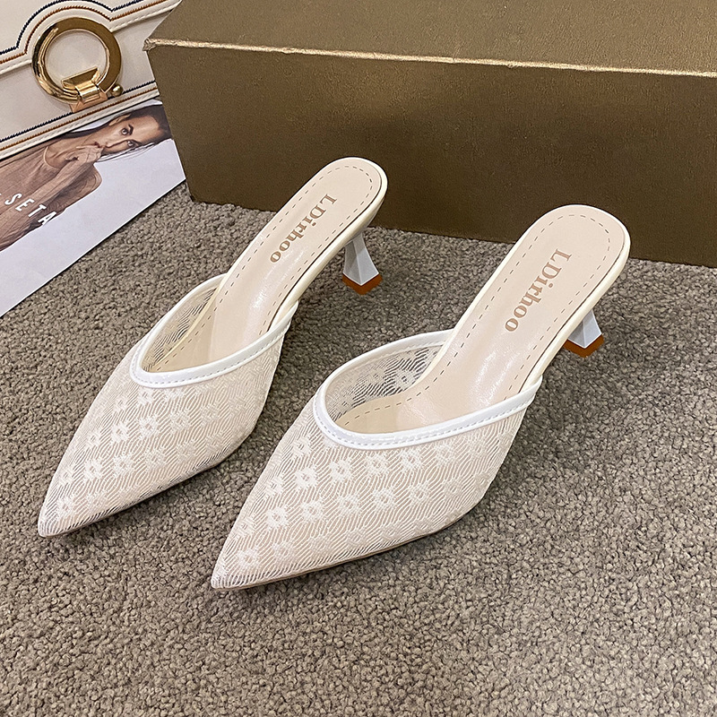 Middle-heel pointed summer fine-root slippers