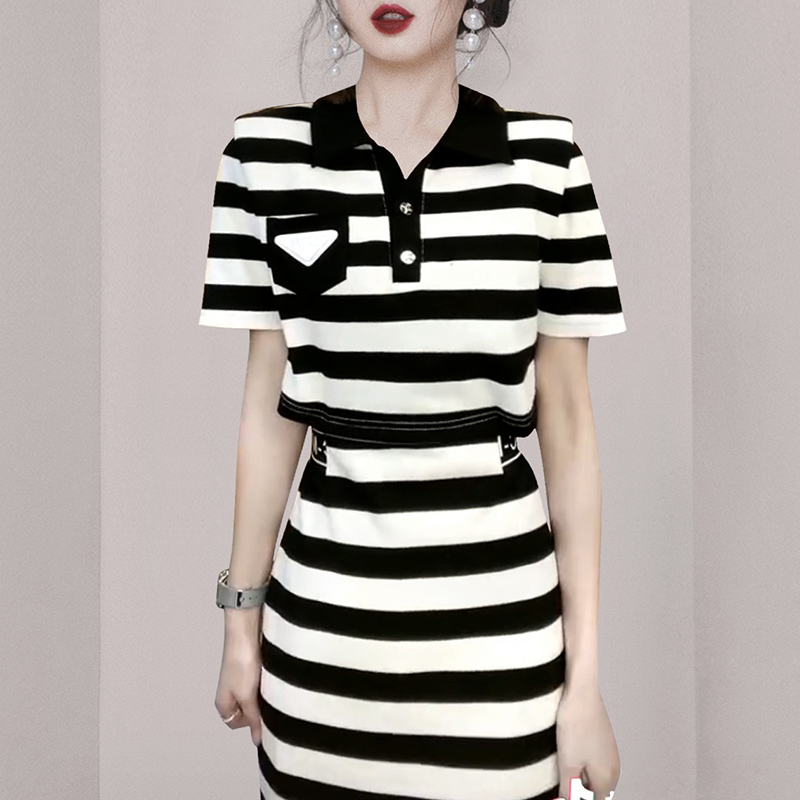 Casual lapel pinched waist slim stripe Korean style dress