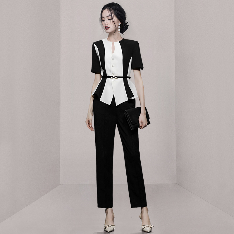 Black-white suit pants summer tops 2pcs set