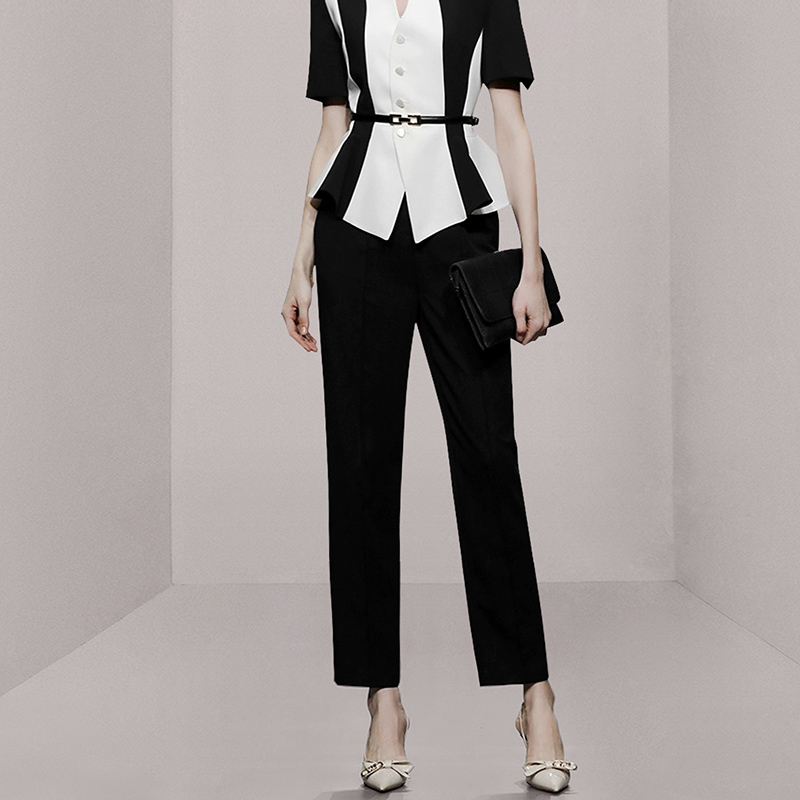 Black-white suit pants summer tops 2pcs set