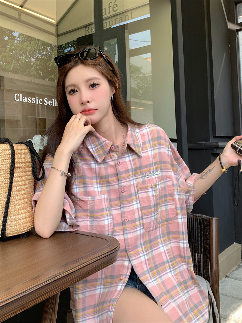 Short sleeve all-match Korean style plaid shirt for women