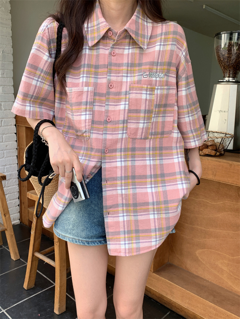 Short sleeve all-match Korean style plaid shirt for women