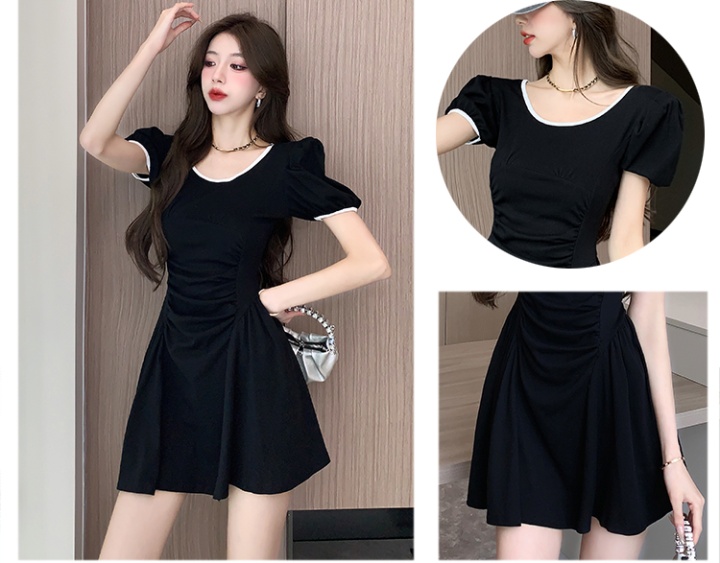 Pinched waist puff sleeve mixed colors slim dress for women