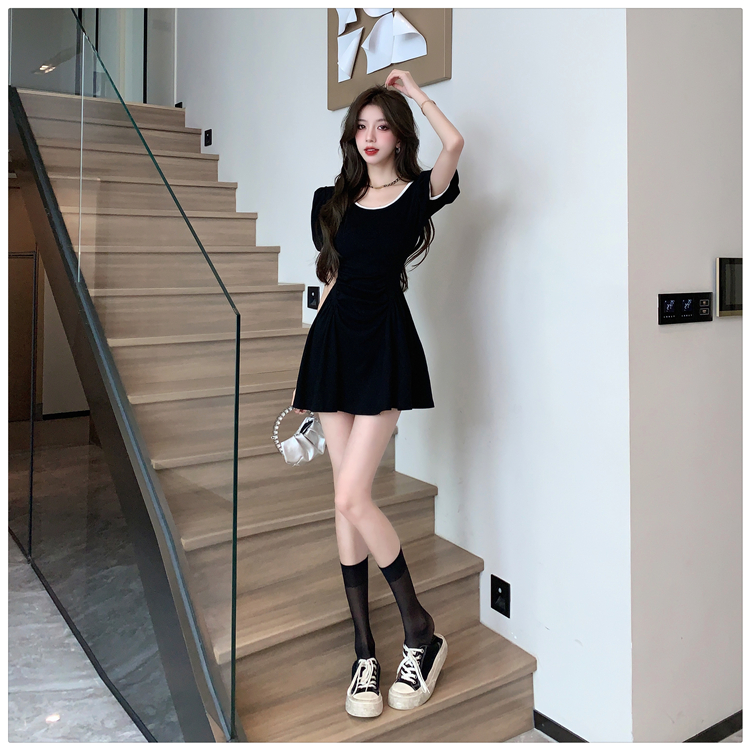 Pinched waist puff sleeve mixed colors slim dress for women