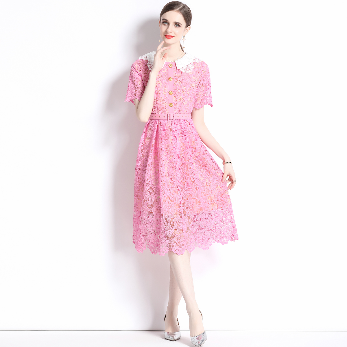 Slim lace collar embroidery pinched waist hollow dress