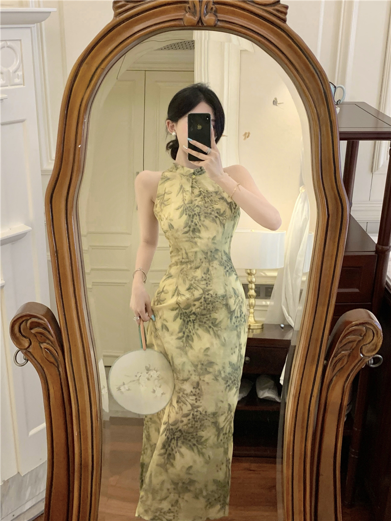 Floral sleeveless cheongsam slim light dress