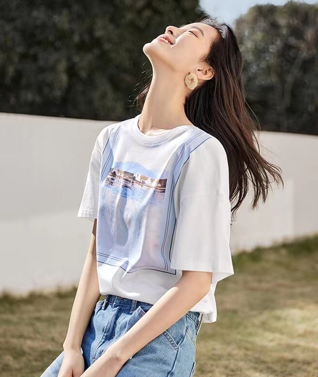 White unique summer tops printing short sleeve T-shirt