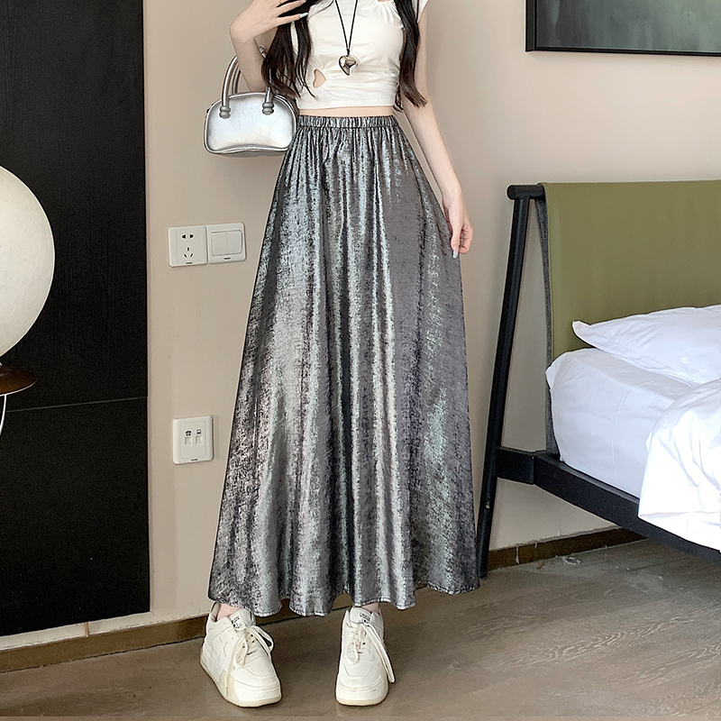 Drape summer retro long metal high waist skirt for women