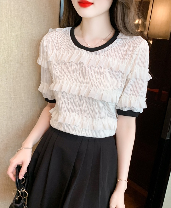 Summer round neck pullover chiffon shirt lace short sleeve tops
