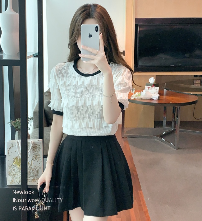 Summer round neck pullover chiffon shirt lace short sleeve tops