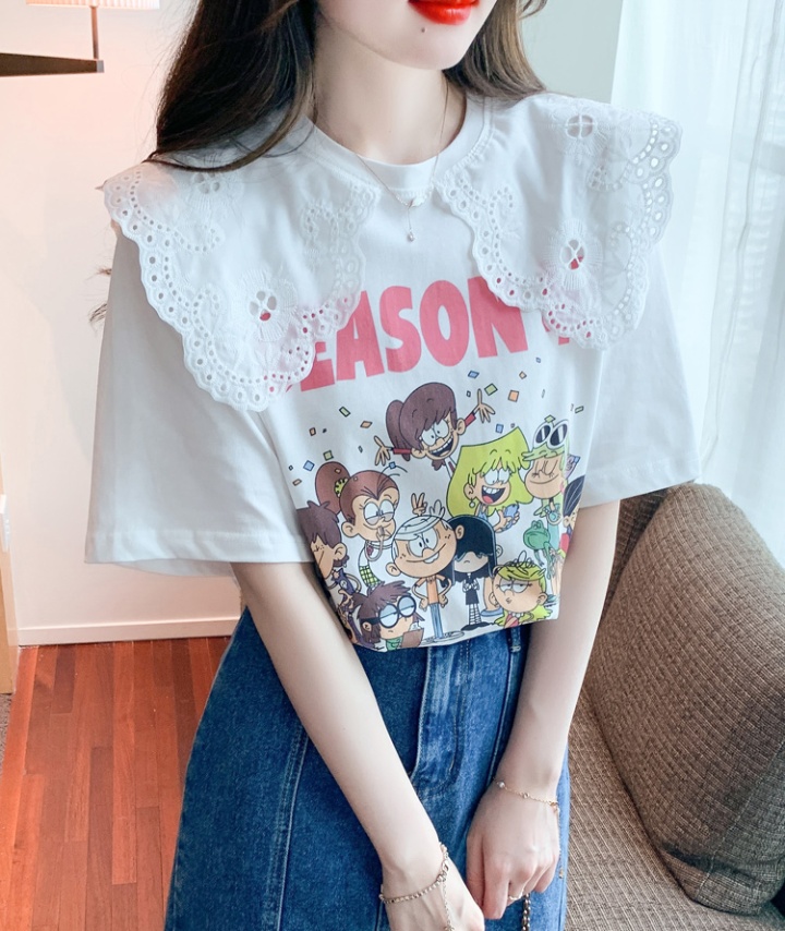 Pullover summer splice T-shirt lace pure cotton tops