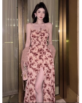 Rose halter dress slim high split strap dress