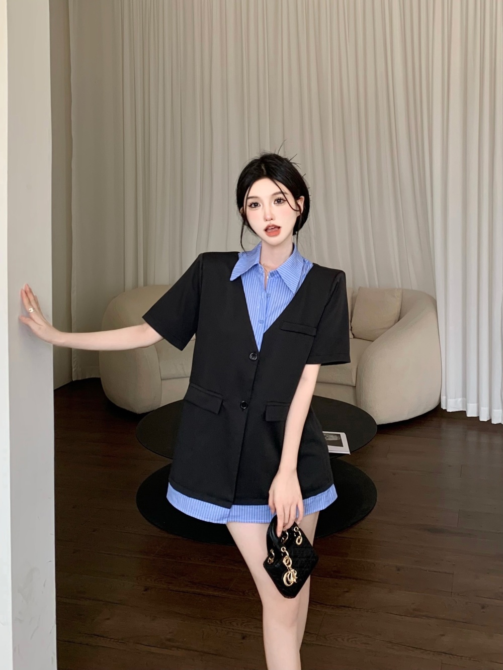 Loose Korean style shirt summer Pseudo-two business suit