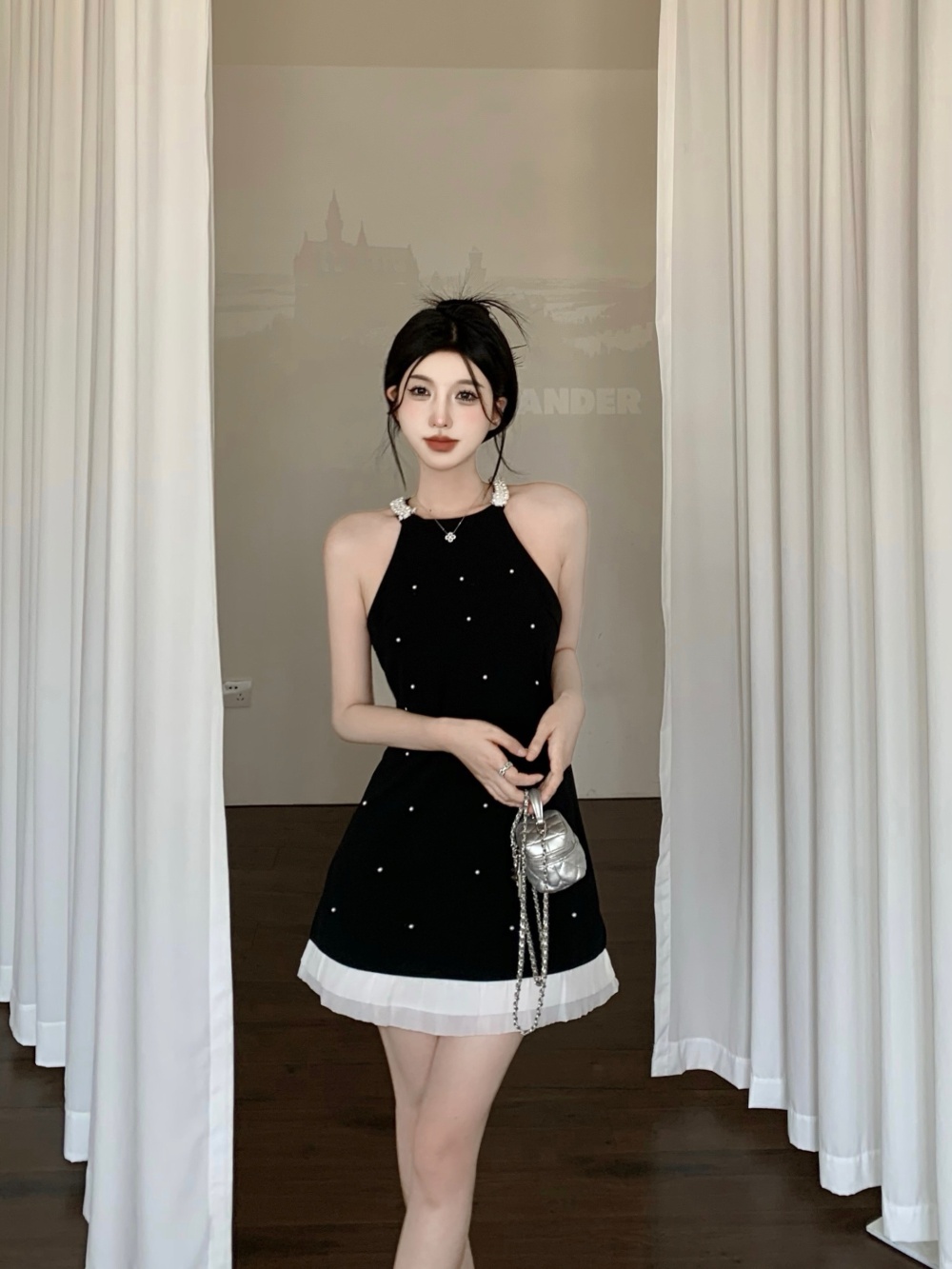 Slim fashion and elegant ladies black rhinestone sling dress