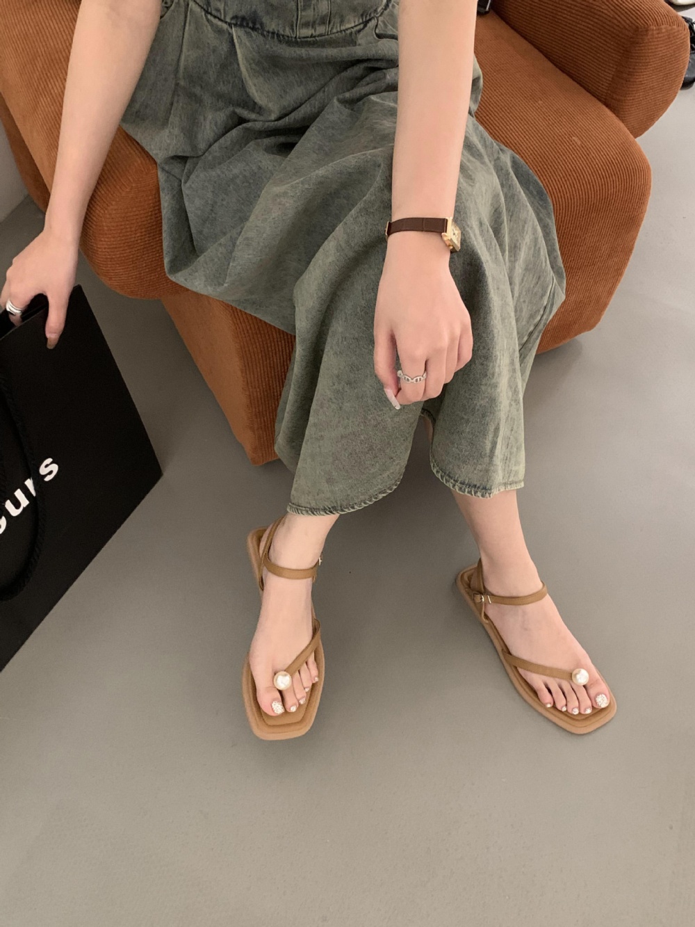 Pure flat sexy  square head pearl sandals