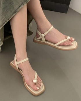 Pure flat sexy  square head pearl sandals