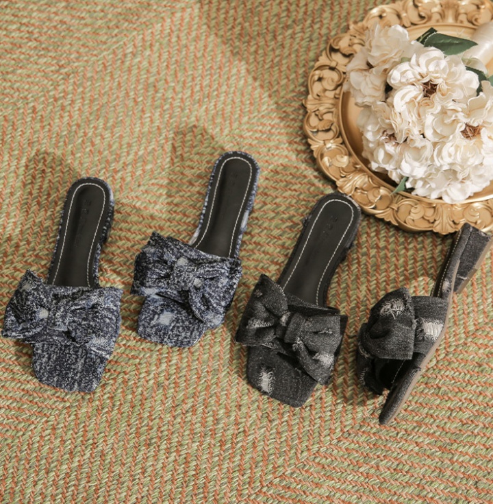 Denim breathable square head sandy beach slippers for women