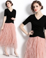 Sweet knitted summer tops slim fashion long skirt a set