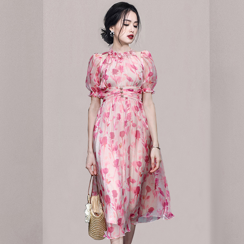 Pinched waist printing fashion summer chouzhe pink dress