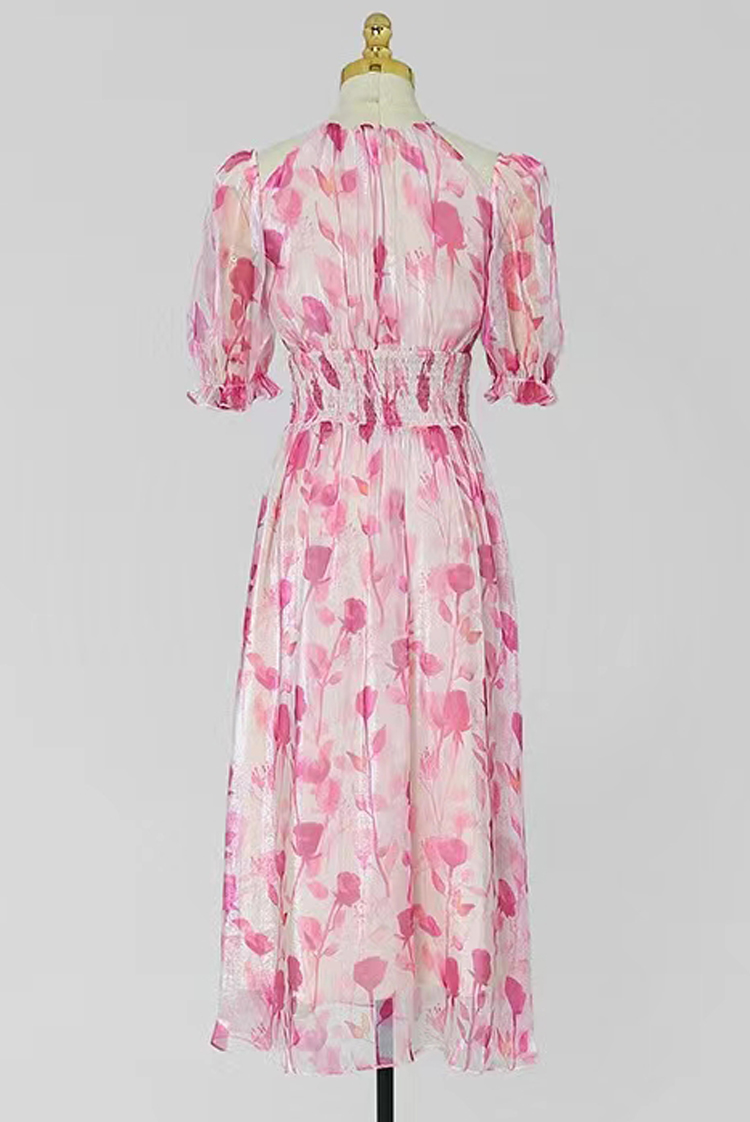 Pinched waist printing fashion summer chouzhe pink dress