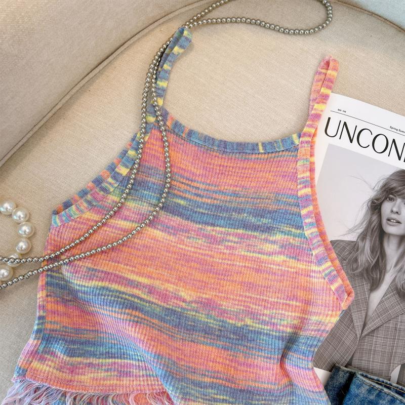 Tassels rainbow stripe tops bottoming sling knitted vest