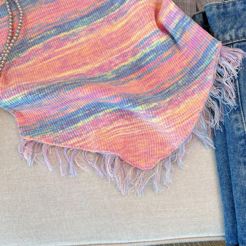 Tassels rainbow stripe tops bottoming sling knitted vest