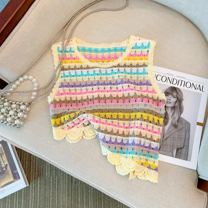 Crochet sleeveless rainbow vest stripe summer tops